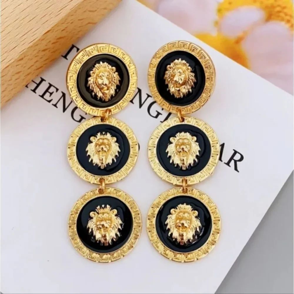 Designer Inspired Gold & Black Lion Dangle Earrings